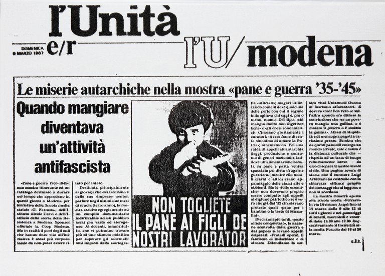 Fotocopia di un articolo de "l'Unita/Modena" dell'8 marzo 1987 sulla mostra "Pane e Guerra 1935-1945 Alimentazione civile e militare in Emilia Romagna"